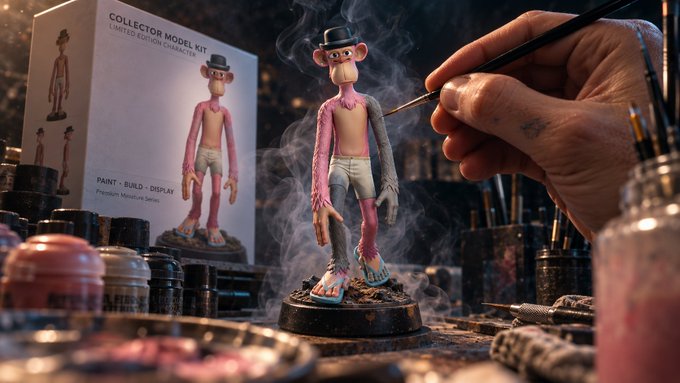 A sculpted miniature figurine of a pink anthropomorphic character in a top hat and shorts is being painted by a hand holding a fine brush, with packaging labeled 'COLLECTOR MODEL KIT - LIMITED EDITION CHARACTER' visible in the background.
