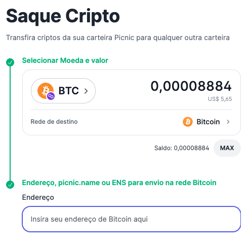 A cryptocurrency withdrawal interface titled "Saque Cripto" shows a Bitcoin (BTC) transfer of 0.00008884 BTC (US$ 5.65) from a Picnic wallet to another Bitcoin address, with fields for entering the destination address, picnic.name, or ENS. This matches the post's description of a new interface for Bitcoin withdrawals.