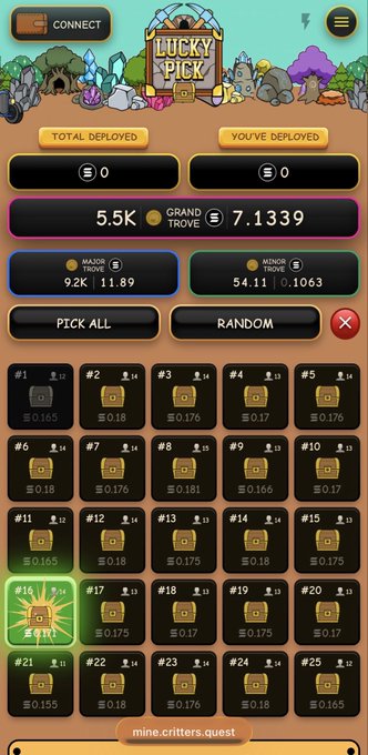 The image displays a "Lucky Pick" game interface by Critters Quest ($QUEST), showing a Grand Trove of 5.5K containing 7.1339 ETH, with deployment options across 25 picks ranging from 0.155 to 0.181 ETH each. The UI features a friendly cartoon aesthetic with buttons for "Pick All" and "Random," highlighting major and minor troves of 9.2K and 54.1K respectively, illustrating the game's structured economy mentioned in the post.