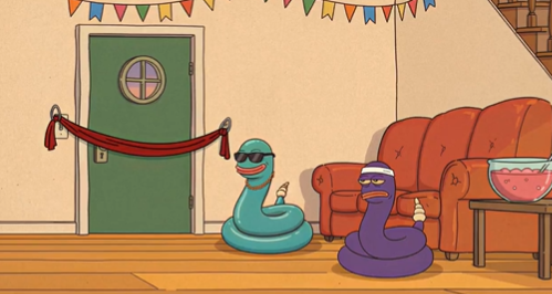 A cartoon scene features two snake-like characters, one wearing sunglasses and the other a small hat, in a room decorated with party bunting and holding ice cream cones.