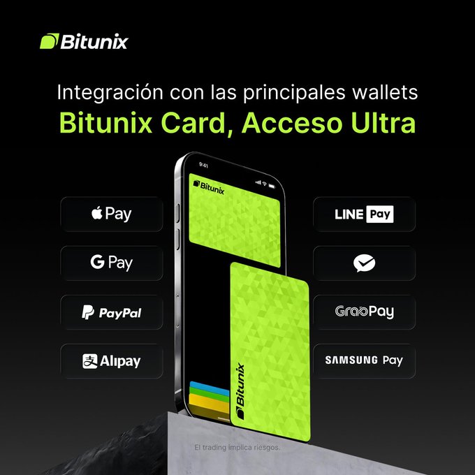 A Bitunix cryptocurrency advertisement in Spanish showcasing 'Integración con las principales wallets - Bitunix Card, Acceso Ultra' alongside a green card graphic and logos for Apple Pay, Google Pay, PayPal, Alipay, LINE Pay, GrabPay, and Samsung Pay.