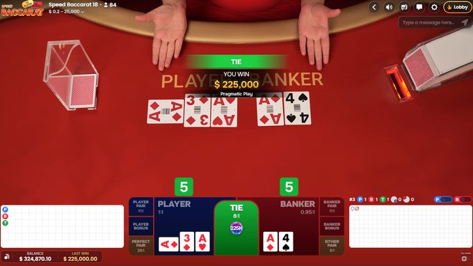 A screenshot from a Speed Baccarat 18 game showing a TIE result with 'YOU WIN $225,000' displayed, featuring Player and Banker hands of A, 3, A and A, 4, 4 respectively.