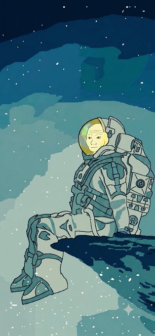 Pixel art style illustration of an astronaut in a white spacesuit sitting on a cliff edge against a starry night sky with blue-green clouds.