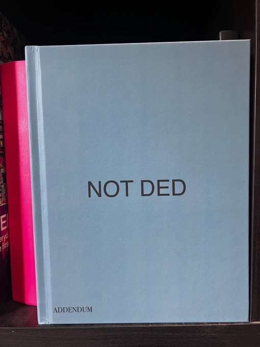 A light blue hardcover book titled "NOT DED" by "ADDENDUM" sitting on a wooden shelf next to a pink book.