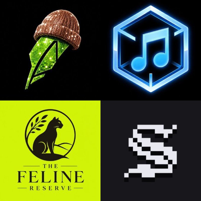 A four-panel collage featuring a green crystal with a beanie, a blue musical note in a hexagon, 'The Feline Reserve' logo with a black cat, and a white pixelated 'S'.