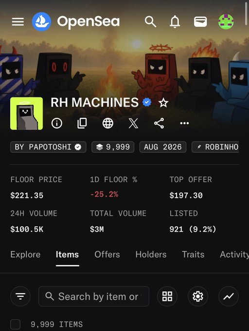 The image shows an OpenSea collection page for "RH MACHINES" with a floor price of $221.35, down 25.2% in 24 hours, total volume of $3M, and 9,999 items created by Papatoshi. The screenshot aligns with the post's bullish call to pump the collection, contrasting the current -25.2% floor drop with the call for a "TURBO" reversal via the $PRINTER token on Bitcoin Ordinals.