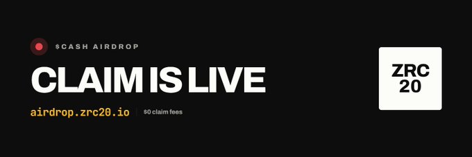 A black promotional banner announces "$CASH AIRDROP - CLAIM IS LIVE" with a red dot accent, directing users to airdrop.zrc20.io and noting "$0 claim fees," accompanied by a white "ZRC 20" logo on the right. The image directly mirrors the post's call to action for the $CASH airdrop with no gas or claim fees on the ZRC20 platform.