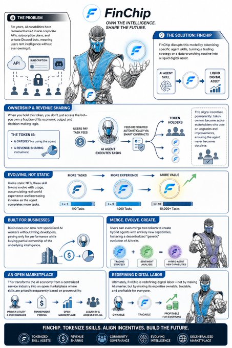 An infographic about FinChip, an AI agent platform featuring tokenized skills, decentralized ownership, and revenue sharing with evolution mechanics.