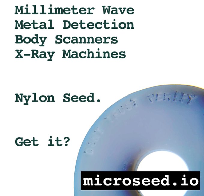 An advertisement for microseed.io featuring text listing 'Millimeter Wave, Metal Detection, Body Scanners, X-Ray Machines' alongside an image of a blue nylon washer with 'Get it?' as a prompt.