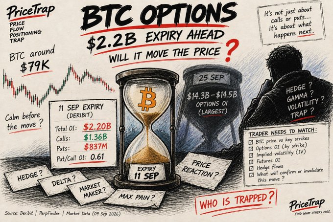 An infographic titled 'BTC OPTIONS $2.2B EXPIRY AHEAD' by PriceTrap shows data about a September 11 expiry with $2.20B total OI, including $1.36B calls and $837M puts.
