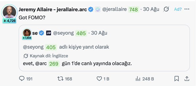A screenshot of a Twitter post by Jeremy Allaire (@jerallaire) asking "Got FOMO?" while quoting a tweet from @seyong stating that @arc 269 will be livestreamed on Day 1, with 1B likes, 248B views, and engagement metrics showing 191 replies, 168 retweets, and 4,726 impressions tied to the account. The post relates to the accompanying message by hinting at an upcoming @arc and @fomo activation tied to livestream events.