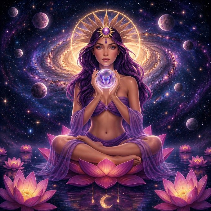 A mystical digital artwork of a purple-haired woman with a sun crown meditating in lotus position while holding a glowing butterfly orb, surrounded by moons, stars, and pink lotus flowers against a cosmic galaxy background.