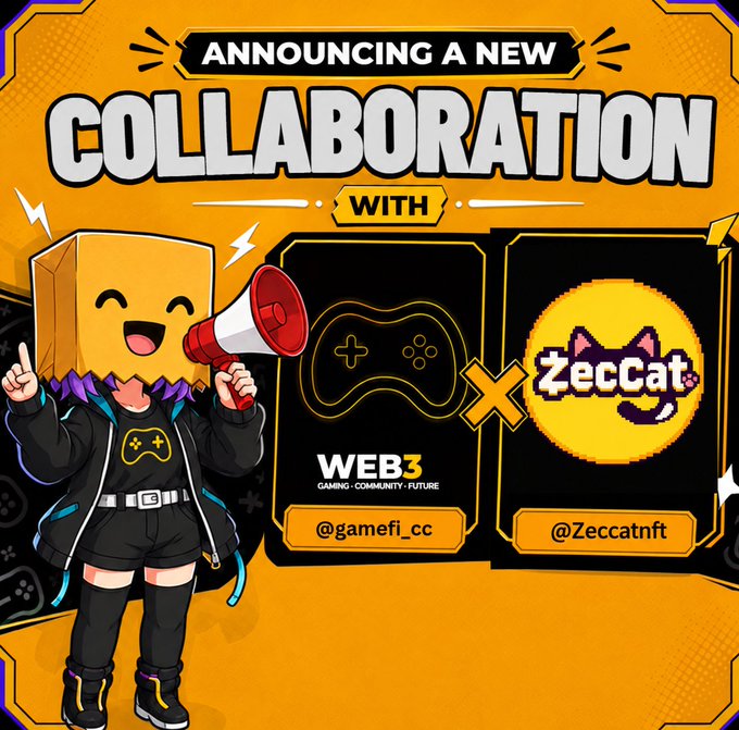 A promotional graphic announcing a new collaboration between WEB3 Gaming (@gamefi_cc) and Zeccat (@Zeccatnft), featuring a cartoon character with a megaphone.