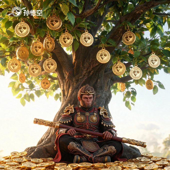 A digital illustration shows a monkey warrior in ornate armor holding a staff while sitting under a tree with gold medallions hanging from its branches and scattered at its feet, with '孙悟空' (Sun Wukong) text in the upper left.