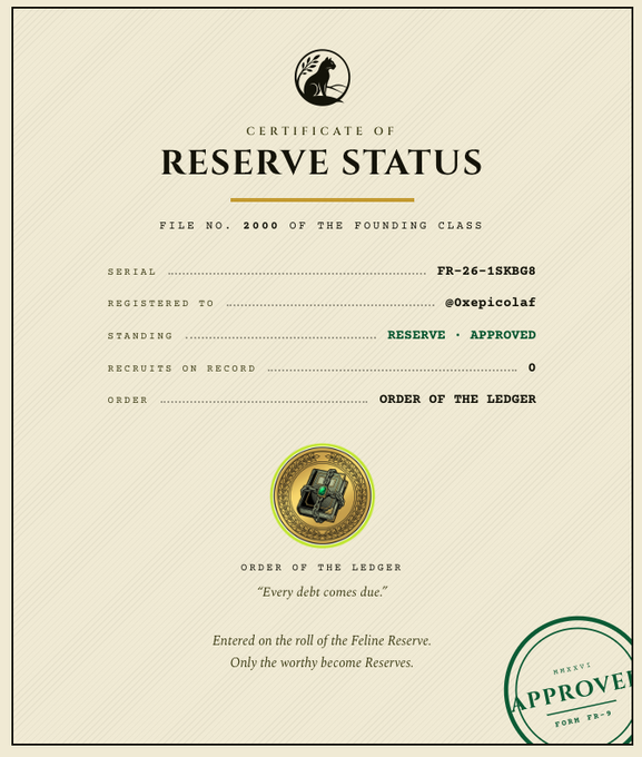 A "Certificate of Reserve Status" for file no. 2000 of the founding class, registered to @oxepicola with the motto "Every debt comes due."
