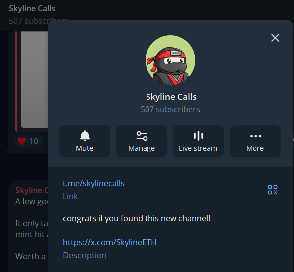 A Telegram channel popup for "Skyline Calls" with 507 subscribers is displayed, featuring options for Mute, Manage, Live stream, and More, along with the link t.me/skylinecalls and an X.com handle @SkylineETH. The image aligns with the post by promoting the channel's sign-up link t.me/skylinecalls.
