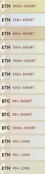 A mobile screenshot displays a series of Binance leveraged trading positions that have been liquidated, including multiple ETH short positions at 1000x, 500x, 258x, 400x, and 300x leverage, plus BTC shorts at 99x and 1000x, and ETH longs at 99x leverage. The "happy liquidation" caption humorously celebrates the mass wipeout of these extreme leverage positions closing at significant losses.