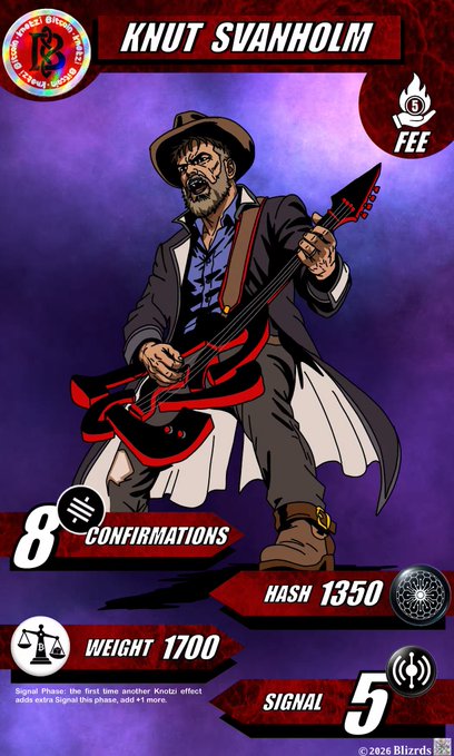 A digital trading card features a character named 'KNUT SVANHOLM' playing a red electric guitar, displaying stats like '8 CONFIRMATIONS', 'HASH 1350', 'WEIGHT 1700', and 'SIGNAL 5'.