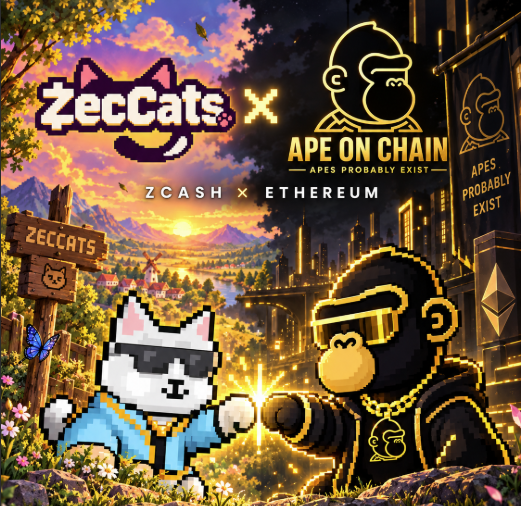 Promotional artwork for a ZecCats and Ape on Chain collaboration, featuring pixel art of a cat and ape fist-bumping, with text 'ZECASH × ETHEREUM' and 'APES PROBABLY EXIST'.
