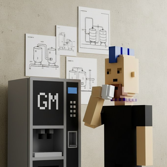 A blocky, voxel-style character with brown skin and a blue mohawk holds a cup next to a 'GM' branded coffee machine; technical diagrams hang on the wall behind them.