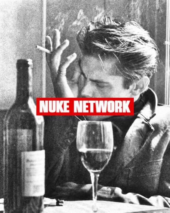 A black and white vintage photograph of a man smoking a cigarette at a table with a wine bottle and glass, overlaid with red text reading 'NUKE NETWORK'.