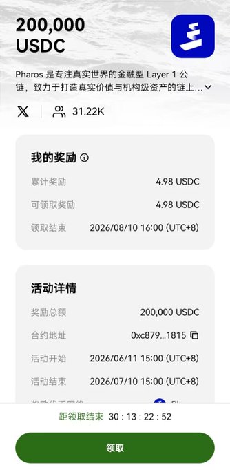 A Pharos airdrop claim page showing 200,000 USDC reward pool, with 4.98 USDC available to claim, ending 2026/08/10 16:00 (UTC+8).
