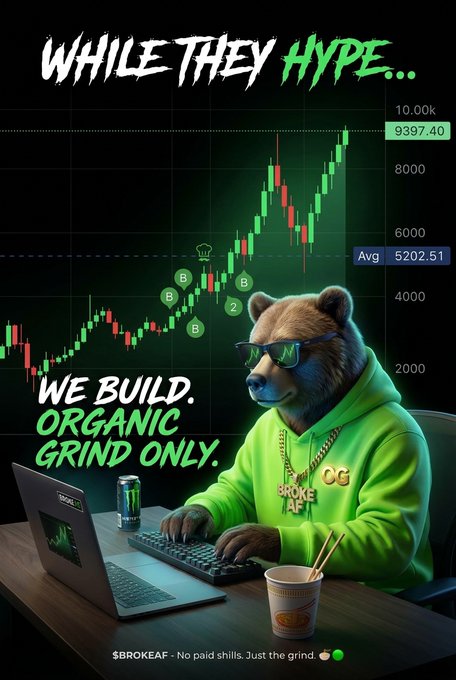 Crypto promotional graphic featuring a bear in sunglasses and a green hoodie at a computer, with text 'WHILE THEY HYPE... WE BUILD. ORGANIC GRIND ONLY.' and a '$BROKEAF' token tag showing a price of 9397.40.