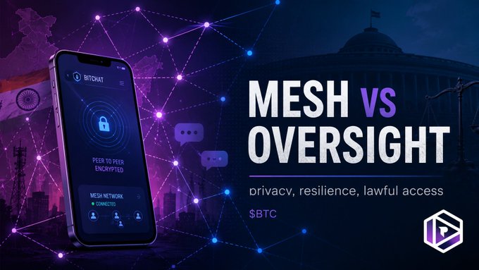 A promotional graphic titled 'MESH vs OVERSIGHT' featuring a smartphone displaying the BITCHAY app, with text highlighting 'privacy, resilience, lawful access' and the ticker '$BTC'.