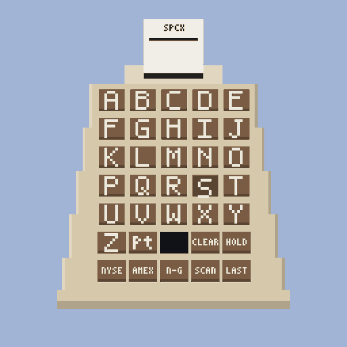 A pixel art illustration of a vintage stock ticker machine displaying 'SPCX' on its paper slip, featuring an alphabet keyboard and function keys like 'CLEAR' and 'HOLD'.