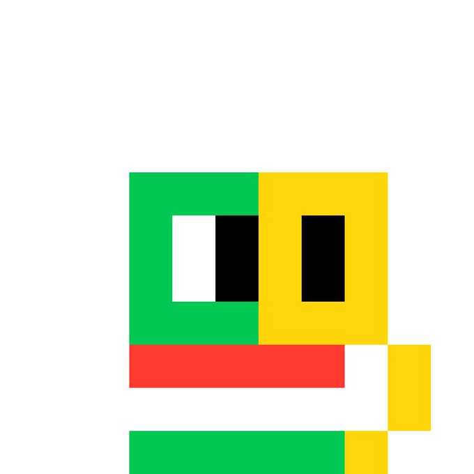 Pixel-art style logo featuring a green and yellow blocky character face design.