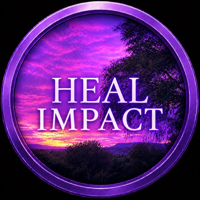 A circular purple-framed badge featuring a vibrant sunset landscape with silhouetted trees displays the text "HEAL IMPACT," which aligns with the post's call for blockchain-based charitable donations on the XPR Network supporting a healing-related initiative.