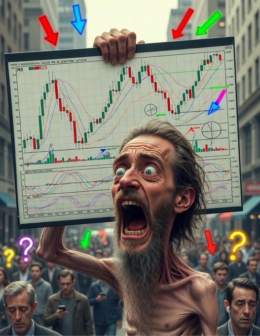 An AI-generated image of a frantic, bearded man screaming while holding up a stock market candlestick chart with colorful arrows and question marks pointing to it.