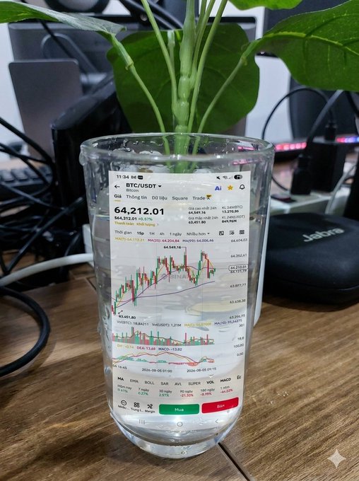 A clear glass containing a green plant stem, with a candlestick trading chart for BTC/USDT visible in the background showing the price at 64,212.01.