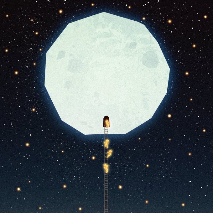 An illustration of a large glowing moon in a starry night sky, with a small figure climbing a ladder toward it, leaving a trail of fire.