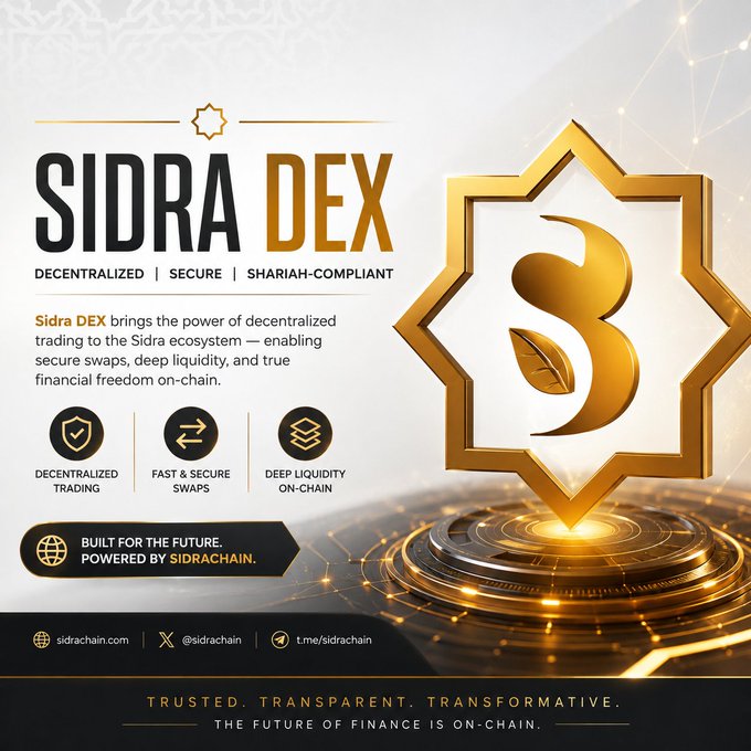 A promotional graphic for "SIDRA DEX" featuring a gold 3D logo with the tagline "Decentralized | Secure | Shariah-Compliant" alongside a decorative Islamic geometric pattern background, highlighting features like decentralized trading, fast & secure swaps, and deep liquidity on-chain. The design aligns with the post by emphasizing SIDRA DEX's role in expanding the SidraChain ecosystem with decentralized trading and liquidity solutions, reinforced by the hashtags #SidraChain and #SidraDEX.