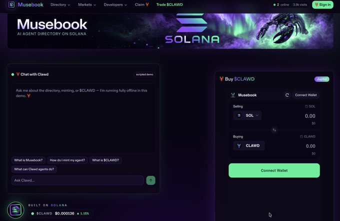 A screenshot of a website called 'Musebook' featuring 'AI AGENT DIRECTORY ON SOLANA' and 'SOLANA' branding, displaying a 'Chat with Clawd' interface and a 'Buy $CLAWD' trading section.