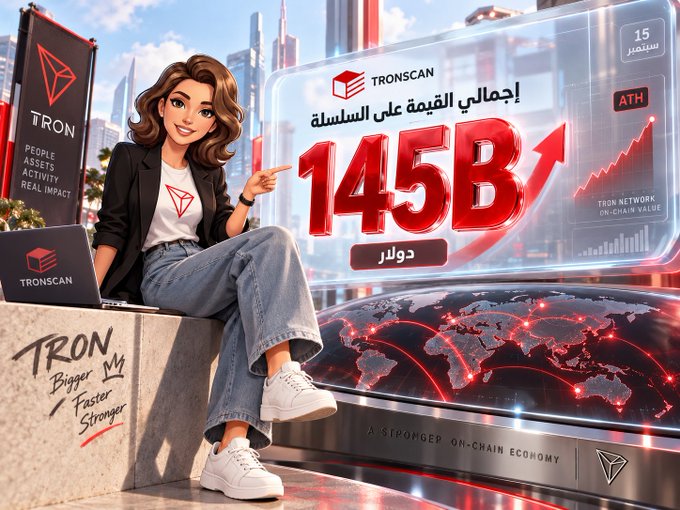 A stylized illustration shows a smiling woman in a TRON-branded white t-shirt and black jacket sitting beside a large digital display highlighting "TRONSCAN," the number "145B" in bold red (with Arabic text translating to "Total value on the chain" and "dollars"), and an "ATH" (All-Time High) badge with an upward chart, alongside a glowing world map emphasizing the global on-chain economy—visually reinforcing the post's announcement that TRON's Total Value Locked (TVL) hit an all-time high of $145 billion on September 15.