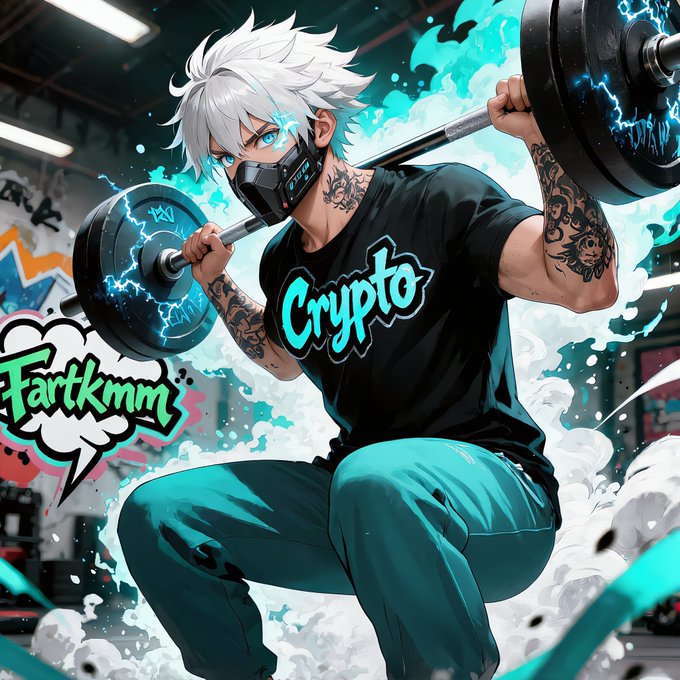 An anime-style illustration of a white-haired character wearing a 'Crypto' t-shirt and face mask, lifting a glowing blue barbell with tattoos visible on his arms.