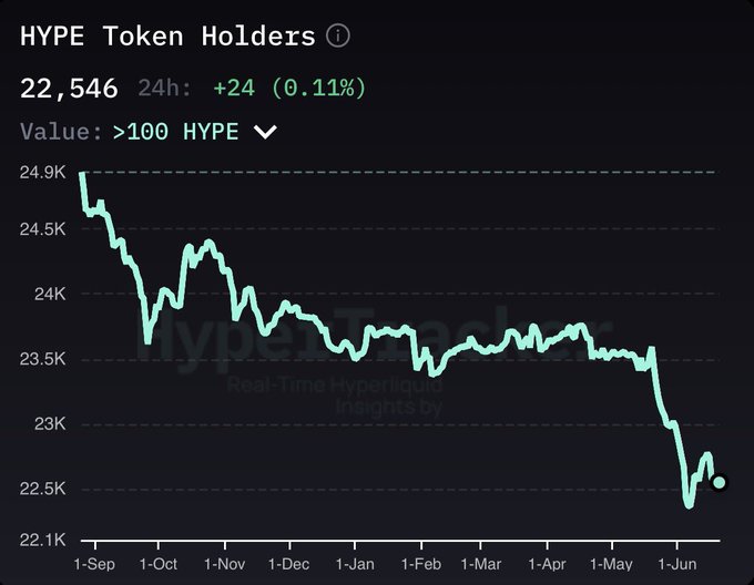 The image shows a chart tracking the value of token holders for the HOPE Fund. It displays a downward trend on the line graph with a small upward peak at around 1k. The current position indicates that there are 22,546 token holders currently in the fund and that the fund's value is $69, which is not yet sufficient to break into the top 22,546 holders of $HYPE Holding. It appears as though it may take more time and additional funds before achieving this goal. This chart serves as a visual representation of the fund's growth over a period of time, showing progress towards reaching the targeted value.