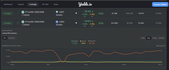 A screenshot of the Yieldz.io DeFi dashboard showing the Leverage tab with two borrowing positions for USDT and USDC with PT-neUSD-10DEC2026, displaying APYs, total deposits, and a borrow APV history chart.