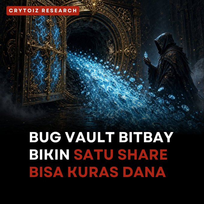 A dark fantasy-themed graphic featuring a hooded figure holding a glowing crystal before an ornate golden door, with blue gems cascading outward. Text reads 'CRYTOIZ RESEARCH', 'BUG VAULT BITBAY BIKIN SATU SHARE BISA KURAS DANA'.