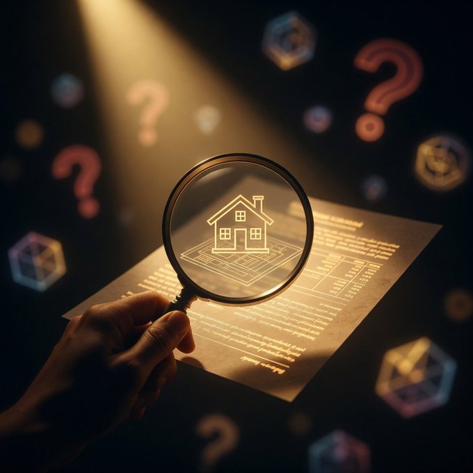 A hand holds a magnifying glass over a document, zooming in on a glowing house icon—symbolically inspecting the fine print behind a tokenized real estate investment—while question marks and floating polyhedral tokens drift in the background, echoing the post's warning that overlooked details in RWA offerings determine whether yield is earned or lost.