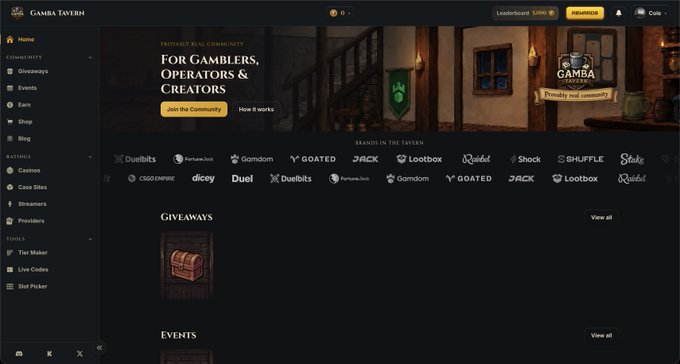 A screenshot of the GambaTavern.com homepage displays a “For Gamblers, Operators & Creators” banner, navigation menus, a giveaway chest, and brand logos including Gamdom, Duel, Lootbox, Stake, Shuffle, and Rollbit. The interface also shows “Leaderboard: 5,100” and a yellow “Talktousnow” button, supporting the post’s announcement that Gamba Tavern is officially live and sponsored by Gamdom.