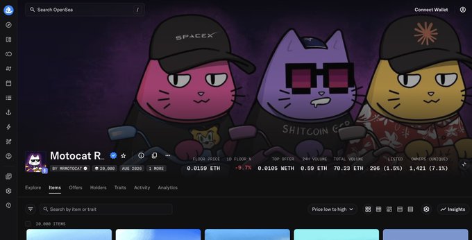 Screenshot of the OpenSea NFT marketplace showing the Motocat R collection page, featuring three cartoon cats (one in a SpaceX cap, one wearing 'SHITCOIN' shirt) with pricing stats including 0.0159 ETH floor and 296 listed.