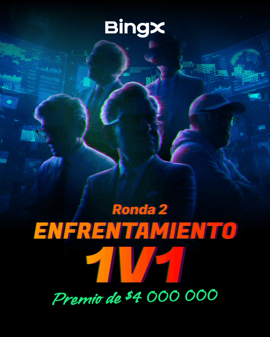 A BingX promotional graphic featuring four silhouetted figures in suits with the text 'Ronda 2 ENFRENTAMIENTO 1V1' and 'Premio de $4 000 000'.