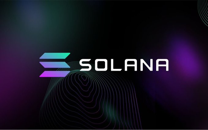 The Solana cryptocurrency logo with its name displayed in white text alongside the teal and purple gradient emblem on a dark background with light streaks.