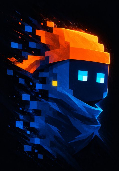 A stylized digital artwork of a blocky, pixelated character with glowing cyan eyes, wearing an orange crown or headpiece and a blue cloak, dissolving into scattered pixels on the left side against a black background.