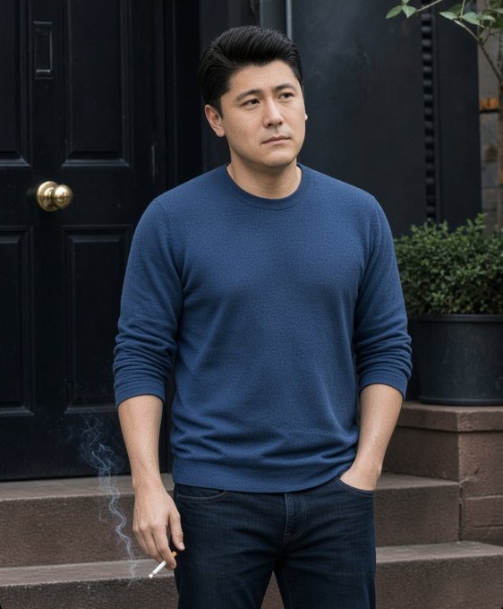 A man in a blue crewneck sweater and dark jeans stands outside on a stoop holding a lit cigarette, looking off to the side.