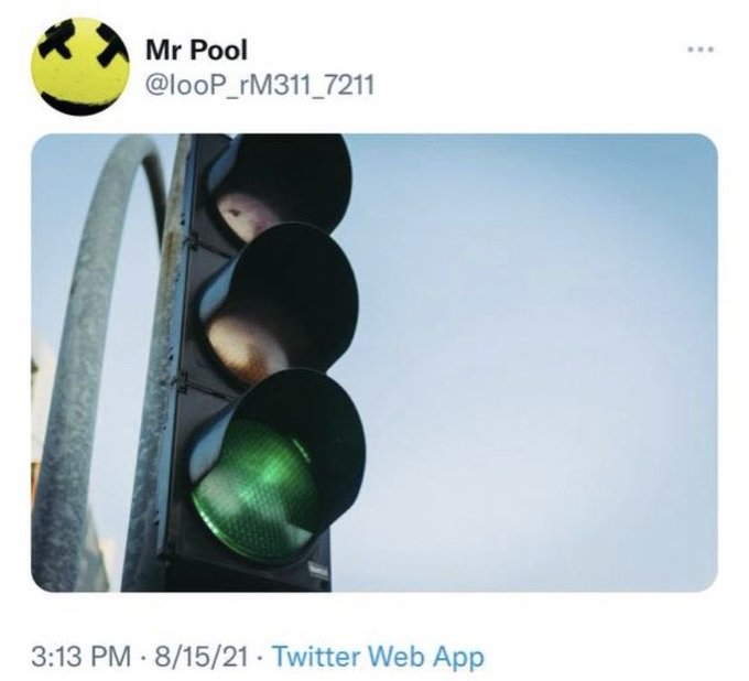 A tweet from "Mr Pool" (@looP_rM311_7211) posted on 8/15/21 at 3:13 PM shows a green traffic light, symbolizing a "go" signal that aligns with the post's "GO TIME FOR XRP" message indicating bullish momentum for the cryptocurrency.