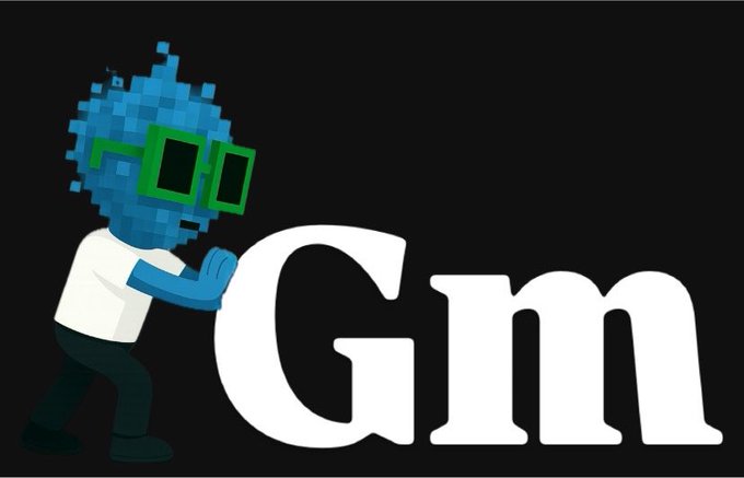 A pixel art character with a blue, static-like head and green glasses leaning against the large white letters 'Gm', a common greeting in crypto communities.